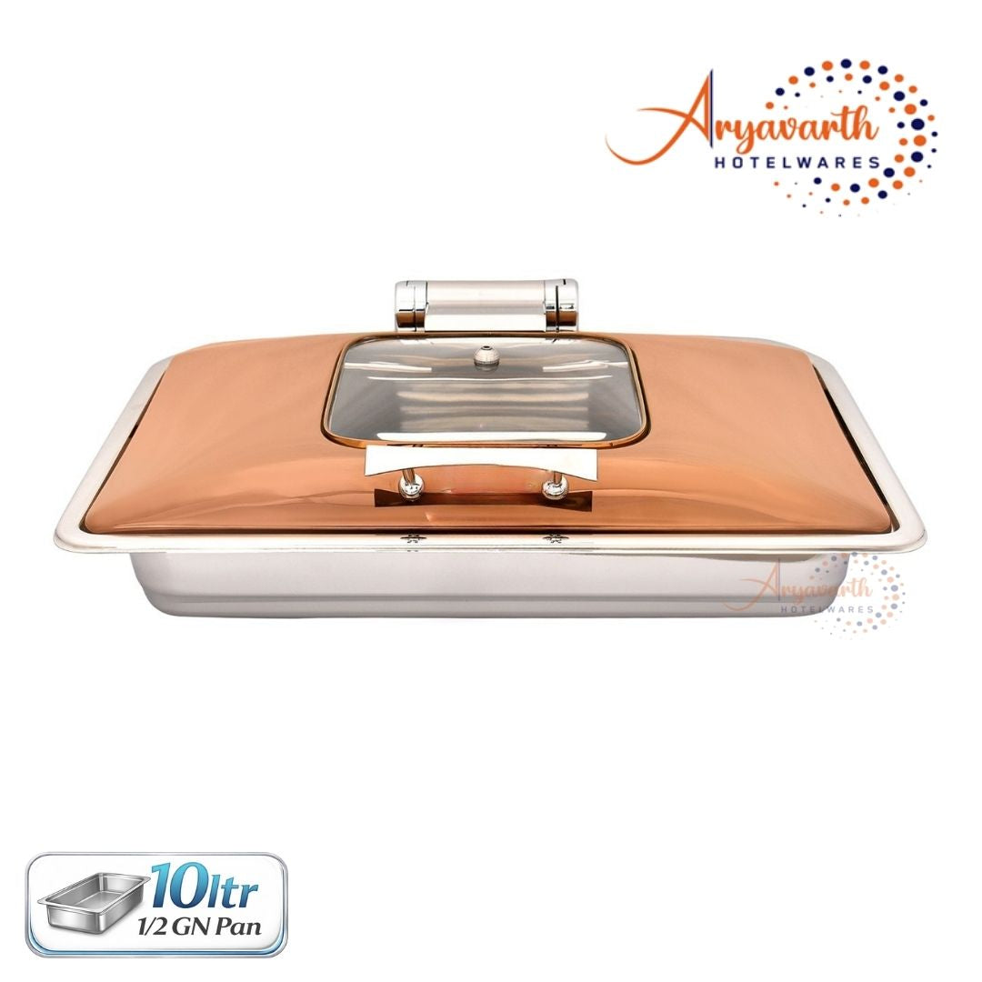 DW Chafing Dish with Square Half Glass Copper Lid, Any Where Stop Mechanism Premium 10 Ltr.
