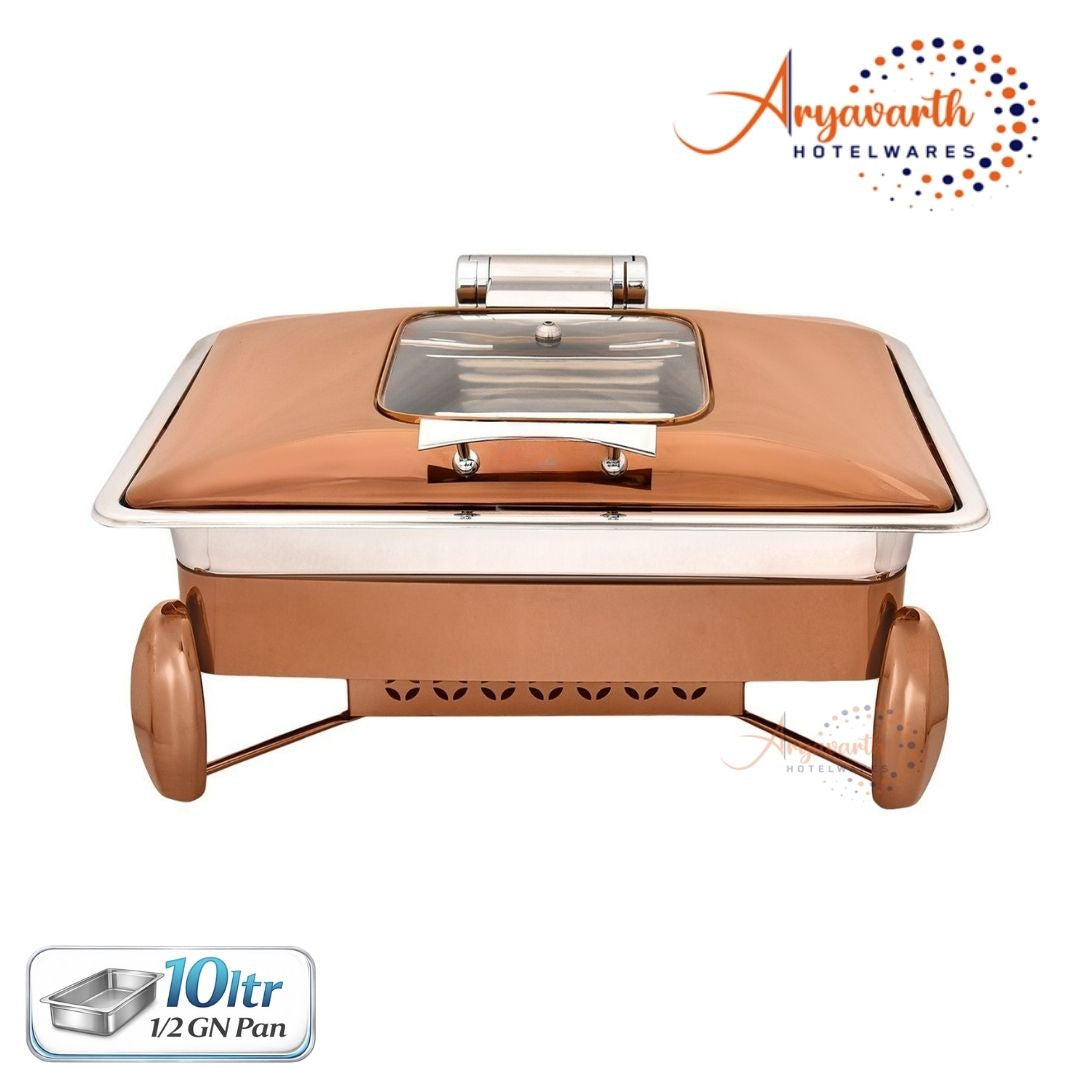 DW Chafing Dish With Square Half Glass Copper Lid, Fuel Pot Copper Stand, Any Where Stop Mechanism Premium, 10 Ltr