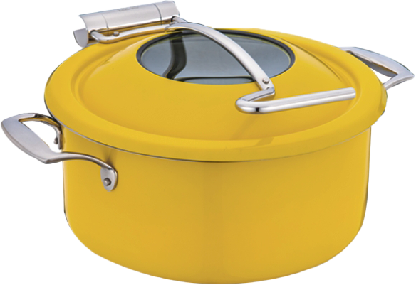 DW Round Induction Chafing Dish With Glass Window Lid Yellow Finish - Sandwich Bottom 4.5 Ltr, Full 304 SS Body, Lid stops at 60 degrees, Mini Buffet 30 cm.