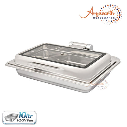 DW Chafing Dish With Rectangle Full Glass Lid, Any Where Stop Mechanism Premium, 10 Ltr.