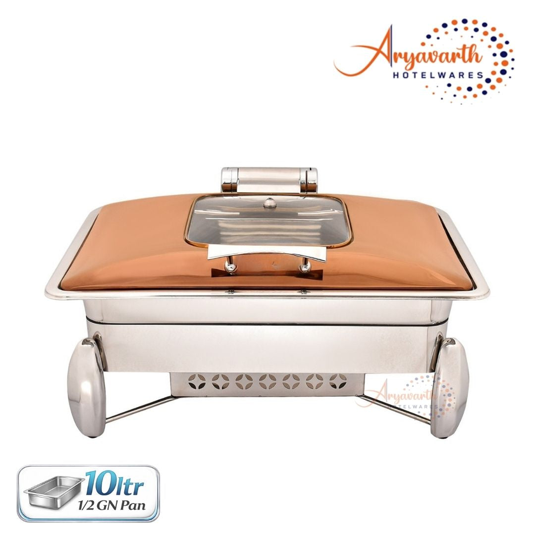 DW Chafing Dish With Square Half Glass Copper Lid, Any Where Stop Mechanism Premium, 10 Ltr.