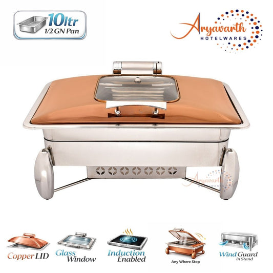 DW Chafing Dish With Square Half Glass Copper Lid, Any Where Stop Mechanism Premium, 10 Ltr.