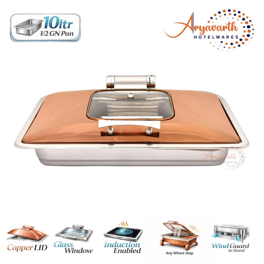 DW Chafing Dish with Square Half Glass Copper Lid, Any Where Stop Mechanism Premium 10 Ltr.