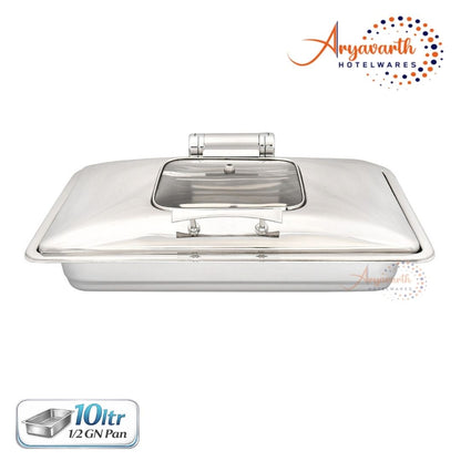 DW Chafing Dish With Half Square Glass Lid, Any Where Stop Mechanism Premium, 10 Ltr.