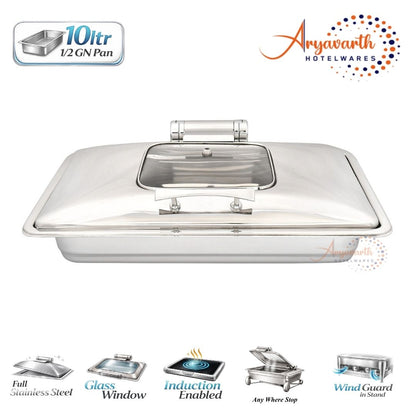 DW Chafing Dish With Half Square Glass Lid, Any Where Stop Mechanism Premium, 10 Ltr.