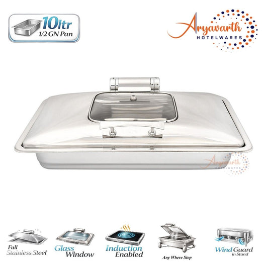 DW Chafing Dish With Half Square Glass Lid, Any Where Stop Mechanism Premium, 10 Ltr.