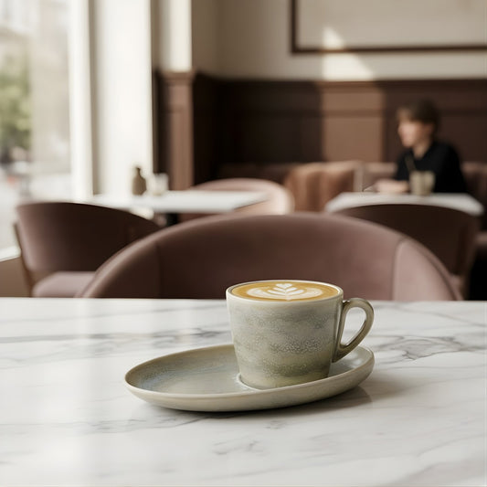 AURA Sablestone Cup & Saucer Set – Cup: 8 × 7 × 7 cm | Saucer: 17 × 11 × 2.4 cm