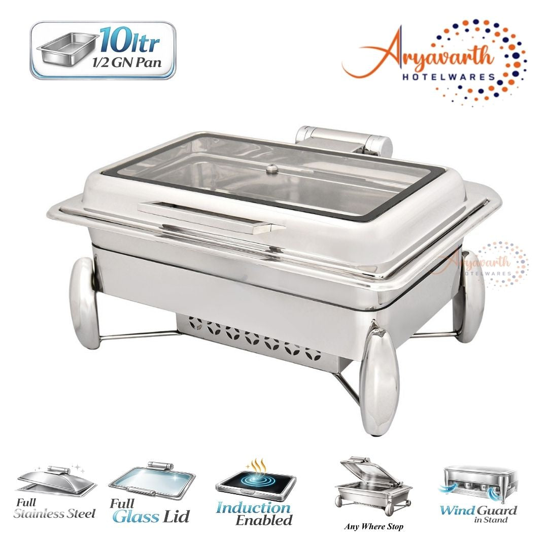 DW Chafing Dish With Rectangle Full Glass Lid, Wind Guard & Stand, Any Where Stop Mechanism [Premium], 10 Ltr