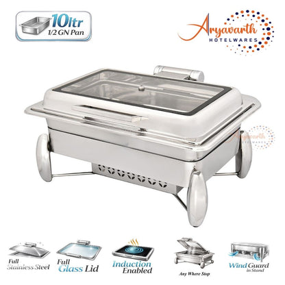 DW Chafing Dish With Rectangle Full Glass Lid, Wind Guard & Stand, Any Where Stop Mechanism [Premium], 10 Ltr