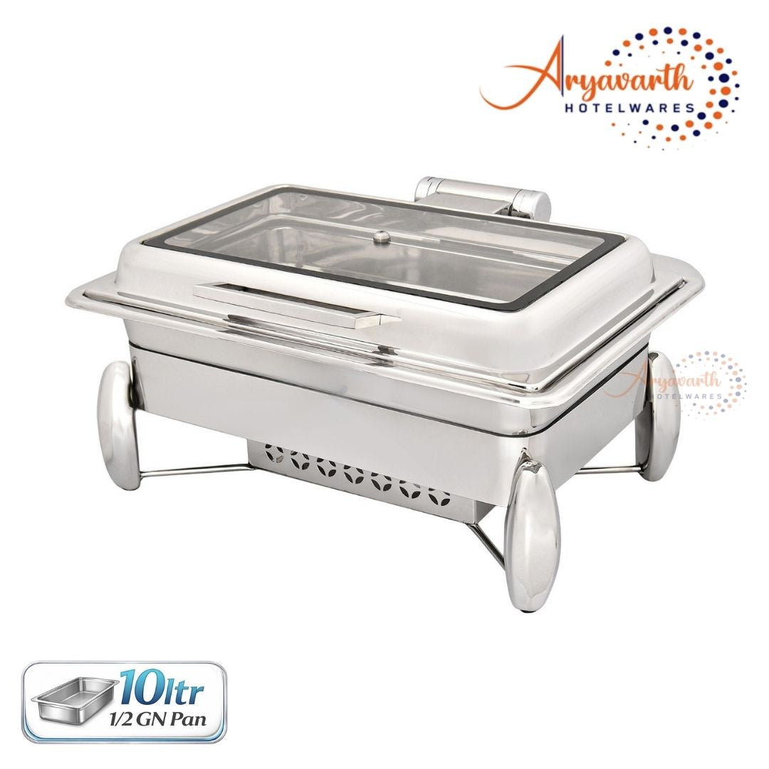DW Chafing Dish With Rectangle Full Glass Lid, Wind Guard & Stand, Any Where Stop Mechanism [Premium], 10 Ltr
