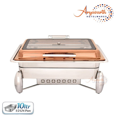 DW Chafing Dish With Rectangle Full Glass Copper Lid, Any Where Stop Mechanism Premium, 10 Ltr.