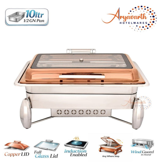 DW Chafing Dish With Rectangle Full Glass Copper Lid, Any Where Stop Mechanism Premium, 10 Ltr.