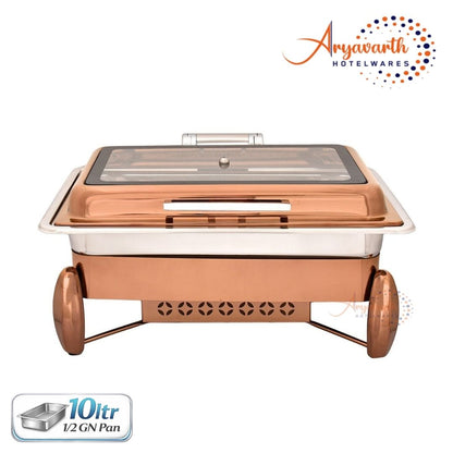 DW Chafing Dish With Square Full Glass Lid, D'ziner Fuel Pot Stand, Any Where Stop Mechanism Premium, 7 Ltr.