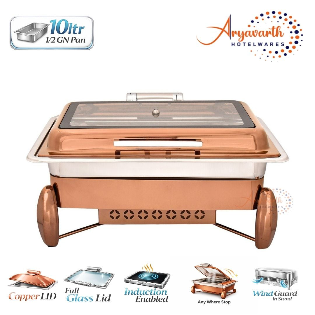 DW Chafing Dish With Square Full Glass Lid, D'ziner Fuel Pot Stand, Any Where Stop Mechanism Premium, 7 Ltr.
