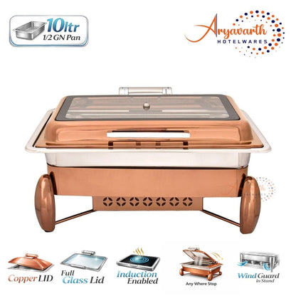 DW Chafing Dish With Square Full Glass Lid, D'ziner Fuel Pot Stand, Any Where Stop Mechanism Premium, 7 Ltr.