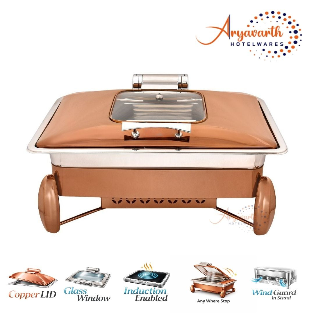 DW Chafing Dish With Square Half Glass Copper Lid, Fuel Pot Copper Stand, Any Where Stop Mechanism Premium, 10 Ltr