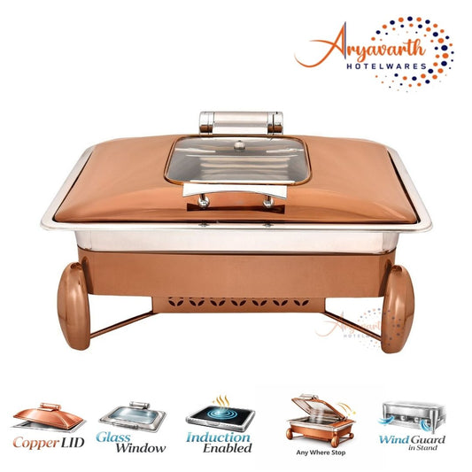 DW Chafing Dish With Square Half Glass Copper Lid, Fuel Pot Copper Stand, Any Where Stop Mechanism Premium, 10 Ltr
