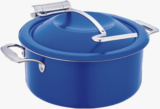 DW Round Induction Chafing Dish With SS Lid Blue Finish - Sandwich Bottom 4.5 Ltr, Full 304 SS Body, Lid stops at 60 degrees, Mini Buffet 30 cm.