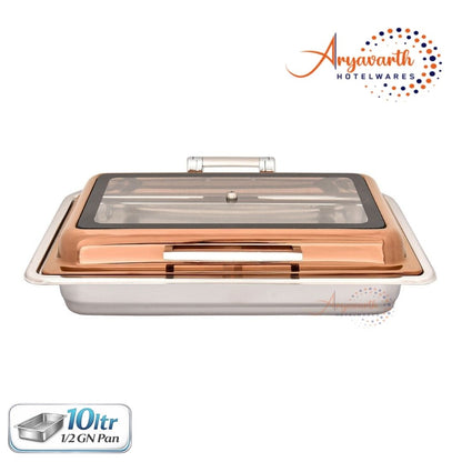 DW Chafing Dish With Rectangle Full Glass Copper Lid, Any Where Stop Mechanism Premium, 10 Ltr.