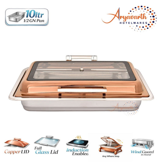 DW Chafing Dish With Rectangle Full Glass Copper Lid, Any Where Stop Mechanism Premium, 10 Ltr.