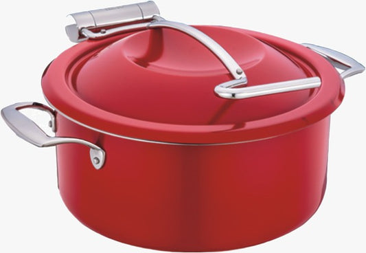 DW Round Induction Chafing Dish With SS Lid Red Finish - Sandwich Bottom 4.5 Ltr, Full 304 SS Body, Lid stops at 60 degrees, Mini Buffet 30 cm.