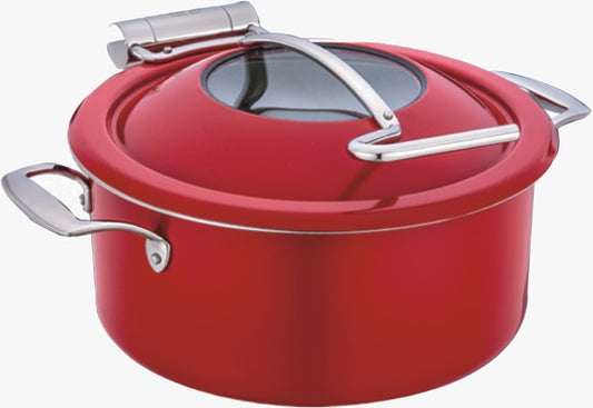 DW Round Induction Chafing Dish With Glass Window Lid Red Finish - Sandwich Bottom 4.5 Ltr, Full 304 SS Body, Lid stops at 60 degrees, Mini Buffet 30 cm.