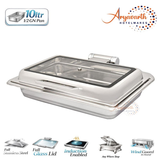 DW Chafing Dish With Rectangle Full Glass Lid, Any Where Stop Mechanism Premium, 10 Ltr.