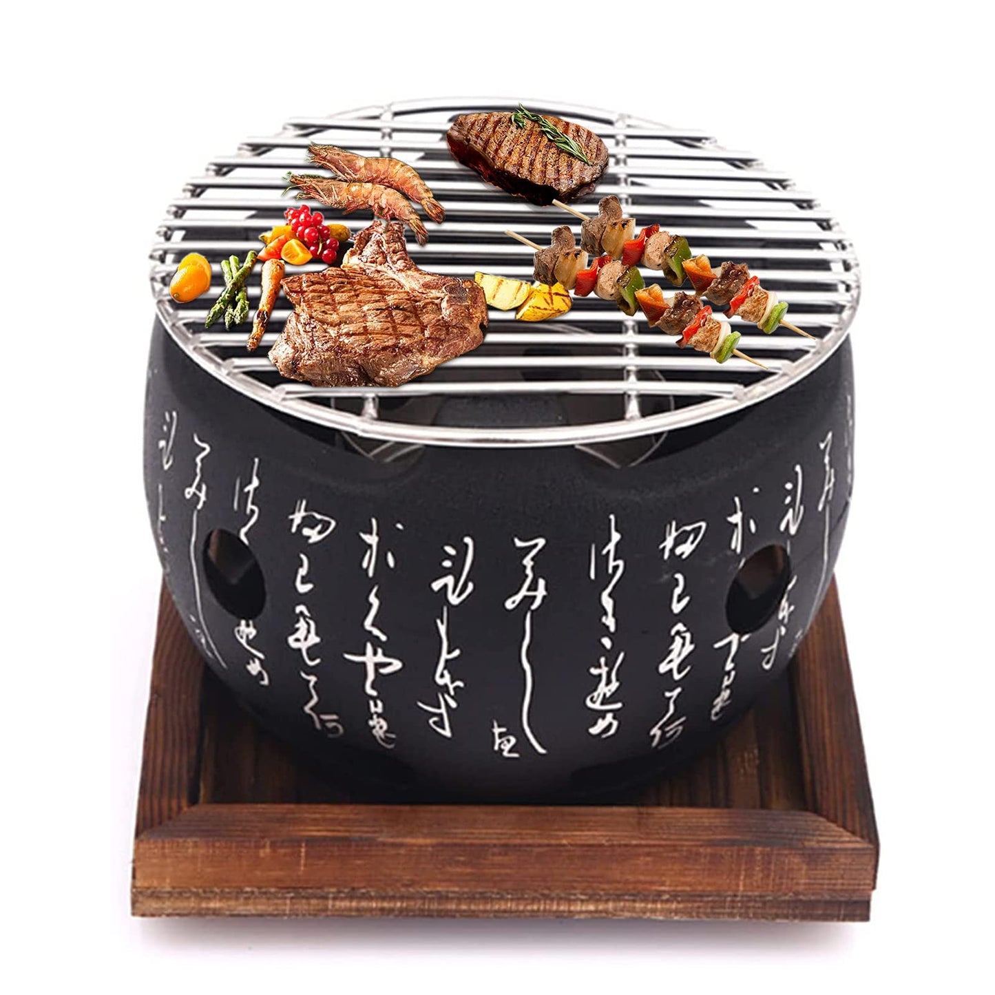 Black portable grill with food on a white background