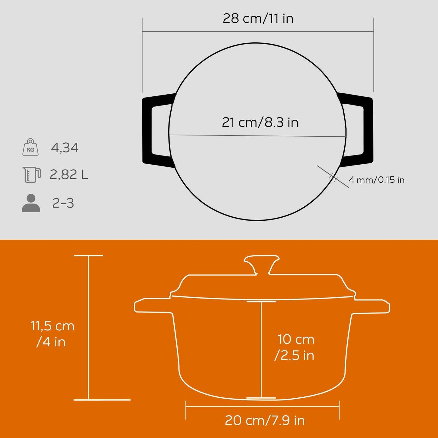 LAVA 20cm Enameled Cast Iron Round Casserole - 2.82L Dutch Oven