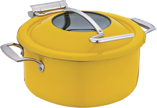 DW Round Induction Chafing Dish With Glass Window Lid Yellow Finish - Sandwich Bottom 4.5 Ltr, Full 304 SS Body, Lid stops at 60 degrees, Mini Buffet 30 cm.