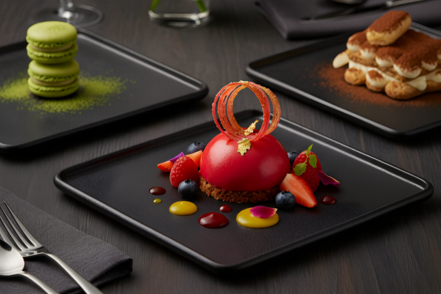 Assorted desserts on black plates with a dark wooden background