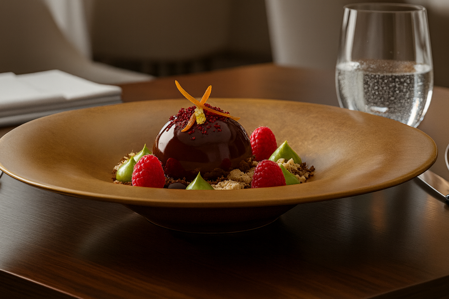 Dessert dish with chocolate fondue, raspberries, and garnishes on a wooden table.