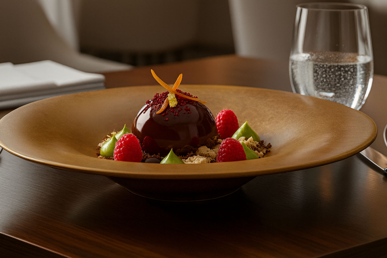 Dessert dish with chocolate fondue, raspberries, and garnishes on a wooden table.