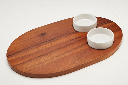 DINER WARES  Acacia Wood Tray+2 Ceramic Bowls L-37 x W-23 x H-1.6 Cms