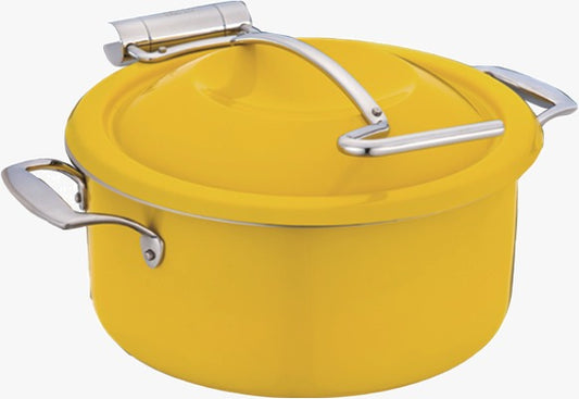 DW Round Mini Buffet Chafing Dish 30 Cm With SS Lid - Yellow Color, Sandwich Bottom 4.5 Ltr, Full 304 SS Body, Lid stops at 60 degrees.