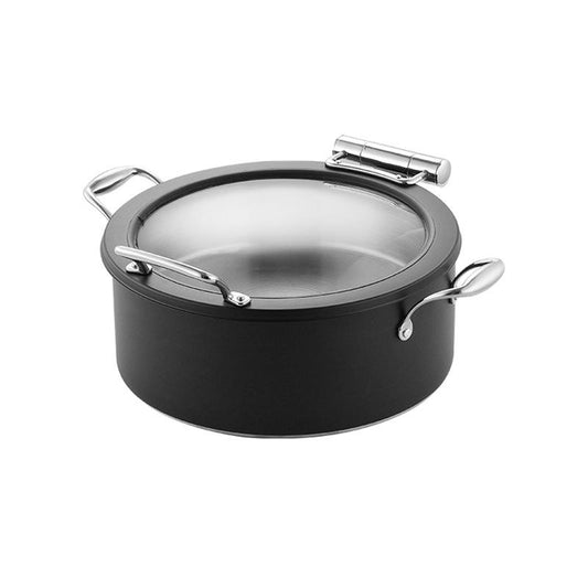 DW Round Induction Chafing Dish With Glass Lid Black Finish - Sandwich Bottom 4.5 Ltr, Full 304 SS Body, Lid stops at 60 degrees, Mini Buffet 30 cm.