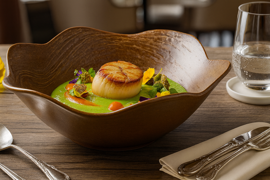 Gourmet dish in a decorative bowl on a table with cutlery and a glass of water.