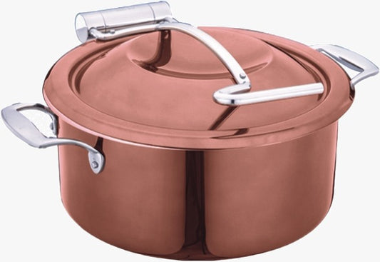 DW Round Mini Buffet Chafing Dish 30 Cm With SS Lid - Rose Gold Color, Sandwich Bottom 4.5 Ltr, Full 304 SS Body, Lid stops at 60 degrees.
