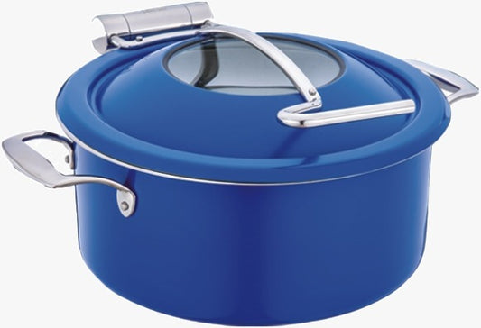 DW Round Induction Chafing Dish With Glass Window Lid Blue Finish - Sandwich Bottom 4.5 Ltr, Full 304 SS Body, Lid stops at 60 degrees, Mini Buffet 30 cm.