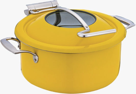 DW Round Induction Chafing Dish With Glass Lid Yellow Finish - Sandwich Bottom 4.5 Ltr, Full 304 SS Body, Lid stops at 60 degrees, Mini Buffet 30 cm.