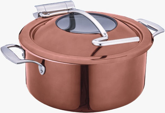 DW Round Induction Chafing Dish With Glass Window Lid Rose Gold Finish - Sandwich Bottom 4.5 Ltr, Full 304 SS Body, Lid stops at 60 degrees, Mini Buffet 30 cm.