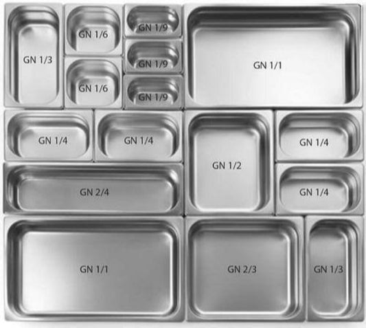DINER WARES GN Pan 2/1 to 1/9 size, Thickness 1 mm, Stainless Steel Grade 18/8 - 304 NSF approved