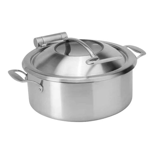 DW Round Induction Chafing Dish With Glass Window Lid Vintage Finish - Sandwich Bottom 4.5 Ltr, Full 304 SS Body, Lid stops at 60 degrees, Mini Buffet 30 cm.